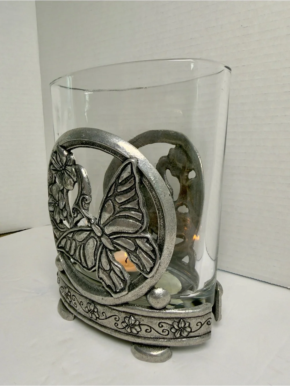 Butterfly Floral Glass Votive Holder - Silver